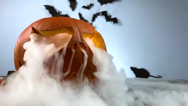 Skrämmande Belysning Pumpa Träbord Med Torr Inuti Halloween Dekoration Träbord — Stockvideo