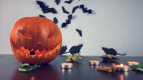 Lighting Pumpkin Spooky Face Turn Light Fire Candle Halloween Expositionon — Stock Video
