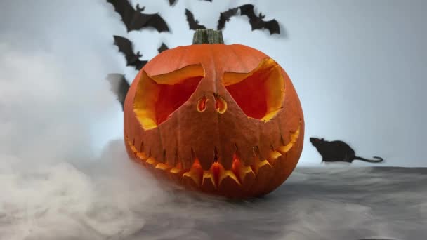 Scary Lighting Pumpkin Wooden Table Halloween Decoration Wooden Table Covered — Stock Video