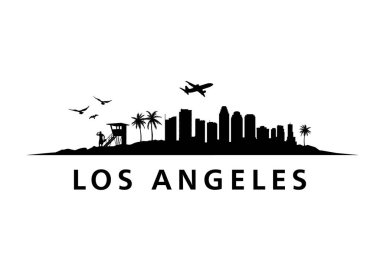 Los Angeles şehrinin siluet silueti California 'da. Vektör manzarası, siyah beyaz siluet.