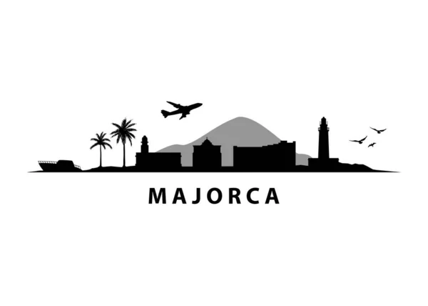 Mallorca Španělský Tropický Ostrov Krajina Black Vector Graphic — Stockový vektor