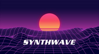 Neon ışık ızgarası, güneş ve dağlarla kaplı bir manzara. Bilim kurgu, fütüristik illüstrasyon. Retrowave, synthwave veya buhar dalgası 80 'ler