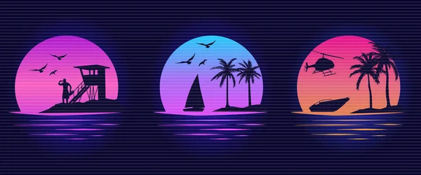 Vector Synthwave Graphics 마이애미 캘리포니아 하와이의 디자인 Red Sunsets Sillhouettes — 스톡 벡터