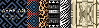 Afrika kusursuz desenler koleksiyonu. Geometri, doku ve işaretler. Etnik estetik ve Afrika süslemeleri. Kabile tasarımları, halk eserleri ve yerli stili grafikler. Siyahi kültürü.