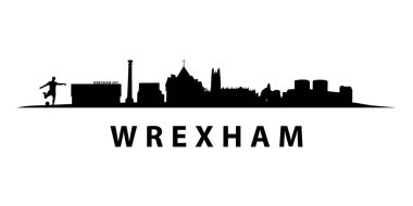 Galler 'deki Wrexham Skyline City Manzarası. Welsh Landmark siluetleri vektör grafiğinde. Siyah beyaz tasarım. Düz çizgili ufuk çizgisi.