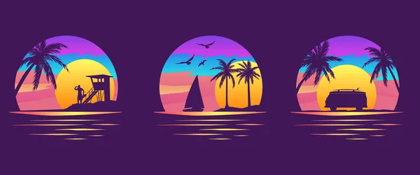Tropical Beach Apparel Graphic Sunset Island Landscapes Graphic Set Silhouettes — Stock Vector