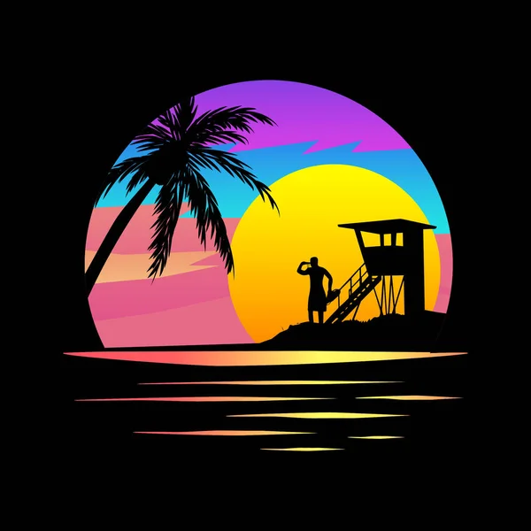 Baywatch服装图形 热带岛屿上的日落 矢量图形 黑色轮廓生动 色彩斑斓的背景 棕榈树 救生员和海滩 T恤衫印成图形 — 图库矢量图片