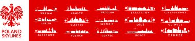 Set of polish skylines. Collection of big cities in Poland, eastern europe, Szczecin, Krakow, Wroclaw, Lublin, Olsztyn, Warsaw, Bydgoszcz, Poznan, Gdansk, Bialystok, Lodz