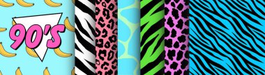 90's Style Collection of Seamless Patterns. Set of retro graphics for apparel and textiles inspired by music and television in 1990. Fashion designs pack. Grunge, animals, wild life, bananas. clipart