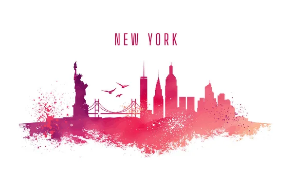 Akvarell Bild New York Skyline Grafiskt Landskap Nyc Färg Stänk — Stock vektor