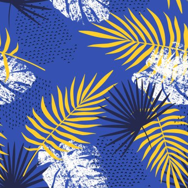 Monstera yaprakları ve palmiye ağacı elementleriyle tropik yaz deseni. Monstera, Retro Tropikal Suluboya Tertemiz Yaz Şablonu 'nu Bırakıyor. Egzotik Botanik Orman Kumaş Boho Tasarımı