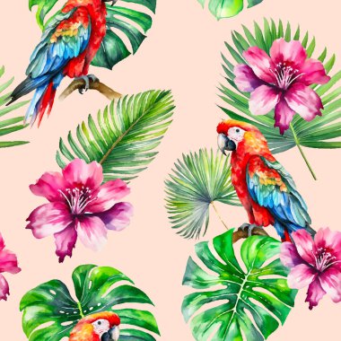 Papağanlar, yapraklar ve çiçekler. Geçmiş, tekstil ve giysi için vektör çizimi. Avuçlar, canavarlar ve orkideler. Hawaii bitkileri. Orman estetiği.