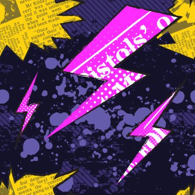 Punk Rock Kusursuz Şablonu. 70 'ler ve 80' lerdeki müzik ve sanattan esinlenilmiştir. Kolaj vektörü grafiği. Gazete, cıvata, boya sıçrama, grunge, endüstriyel dokular ve çapraz çizgiler karışımı..