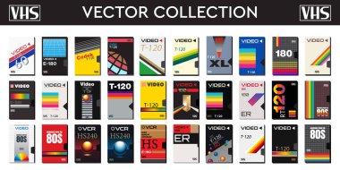 VHS vektör koleksiyonu. 70 'lerden, 80' lerden ve 90 'lardan kalma soyut örtüler. İzole edilmiş grafiklerin klasik seti. Posterler, tekstil ve giysi için geçmişe dönük tasarımlar. Analog teknolojisi. 