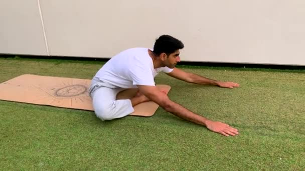 Indian Man Practicing Yoga Ethnic Outfit Fitness Session Mat Park — Stok video