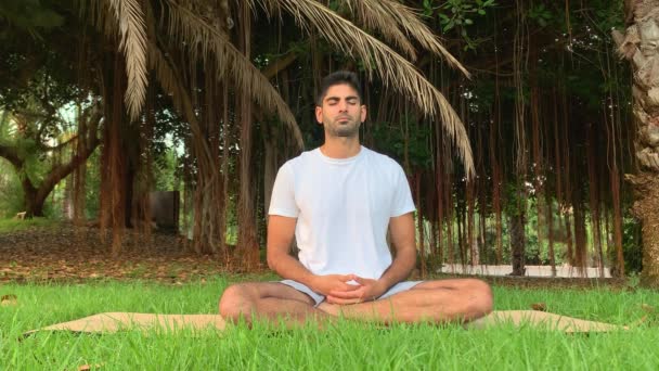 Hombre Joven Indio Practicando Técnicas Respiración Sesión Sobre Esterilla Yoga — Vídeo de stock