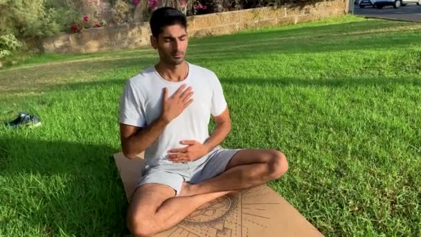 呼吸技術を練習する若いインド人男性 パークでのヨガマットのセッション より良い健康のために屋外のリラックス カナリア諸島のテネリフェ島での夏時間の朝の練習に焦点を当てる — ストック動画