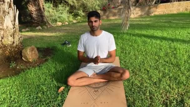 Young Indian Man Practicing Breathing Techniques Session Yoga Mat Park — Stock Video