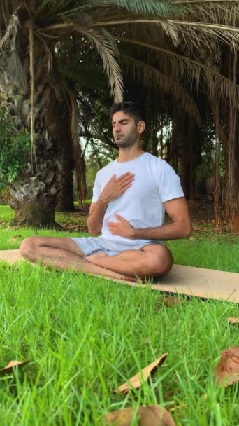 Indian Man Die Ademhalingstechnieken Beoefent Meditatie Sessie Yoga Mat Het — Stockvideo