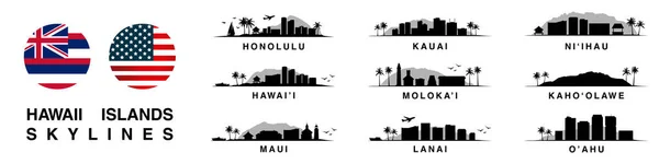 Vektorillustration Med Ikoniska Skylinjerna Hawaiis Öar Uppsättning Exotiska Landskap Perfekt — Stock vektor
