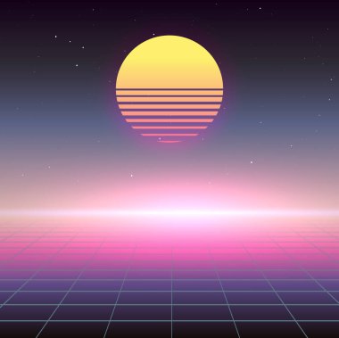 Neon gün batımı, dijital şebeke önplanı ve yıldızlarla dolu bir gökyüzü. 80 'lere doğru görsel yolculuk. Synthwave grafiğe ilham verdi. Bilim kurgu fütüristik vektör görüntüsü. Parti ilanı için arka plan, tekno poster.
