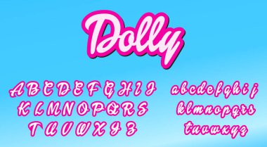 Kadınsı konular için çizgi film alfabesi. Yumuşak kıvrımlar ve canlı yetenekler. El ilanları, posterler ve web grafikleri için kız tarzı el yazısı. Mavi gökyüzü arka planında Magenta pembe harfler. Logo için ögeler