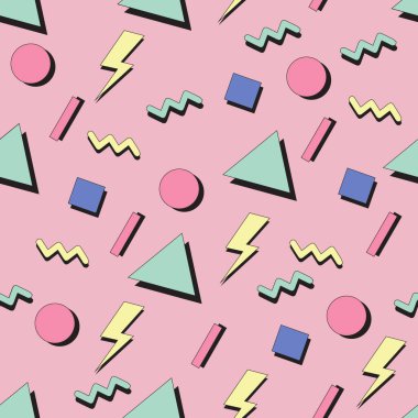 1990 'ların kusursuz model vektör sanatı grafiği. Dekoratif arka plan tasarla. Eski tarz tekstil grafikleri. Geometrik soyut renkli sanat eserleri.