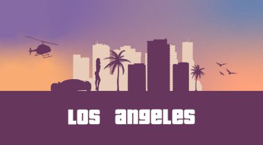 Los Angeles silueti. Kaliforniya Şehir Peyzajı. Malibu plajı, gökdelenler, binalar. ABD silueti grafiği. 