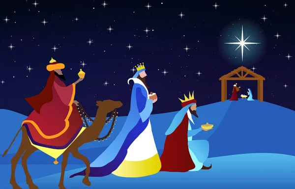 クリスマス ネイティヴ シーン 3人の賢者と羊飼いの崇拝 壁紙とグリーティングカードバナーの背景 — ストック写真