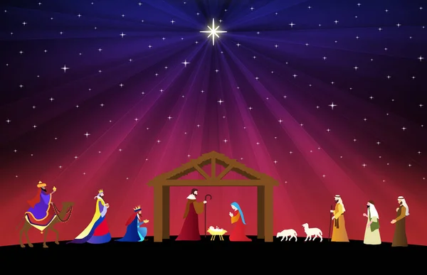 Christmas Nativity Scene Adoration Three Wise Men Shepherds Wallpaper Greeting — Stock Photo, Image