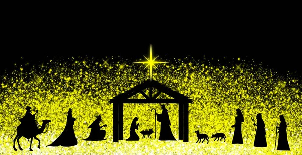 Christmas Nativity Scene. The adoration of Three Wise Men and shepherds. Wallpaper and greeting card banner background.