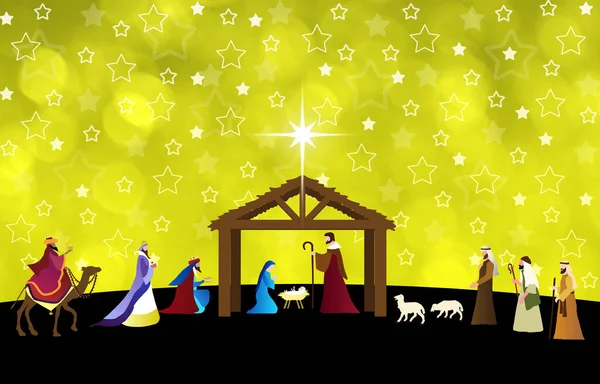 Vánoční Scéna Narození Zbožňování Tří Moudrých Mužů Pastýřů Pozadí Nápis — Stock fotografie