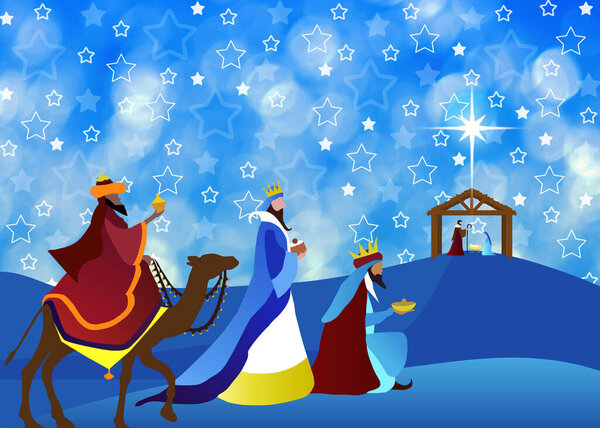 Christmas Nativity Scene. The adoration of Three Wise Men. Wallpaper and greeting card banner background.