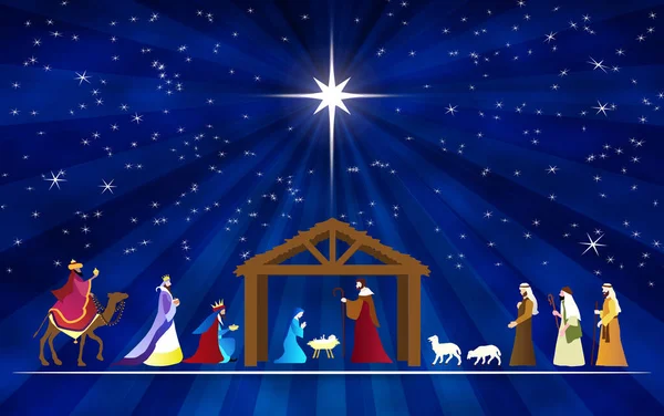 クリスマス ネイティヴ シーン 3人の賢者と羊飼いの崇拝 壁紙とグリーティングカードバナーの背景 — ストック写真
