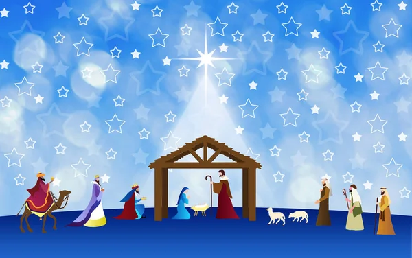 圣诞降生场景 三个智者和牧羊人的崇拜 壁纸和贺卡横幅背景 — 图库照片#