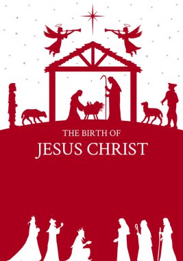 Christmas Nativity scene greeting card illustration. Red silhouettes isolated on white background. Vector EPS10. clipart