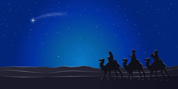 Belén Azul Navidad Tres Reyes Magos Viajan Por Desierto Por — Vector de stock