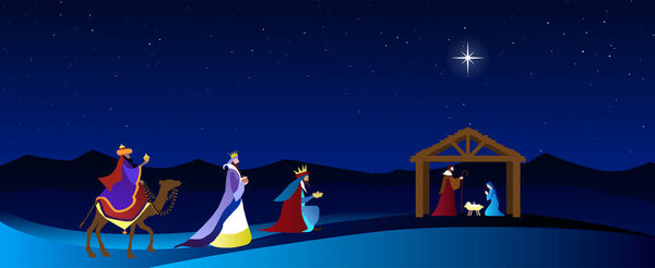 Christmas Nativity Scene. The adoration of Three Wise Men in the desert. Greeting card banner background.