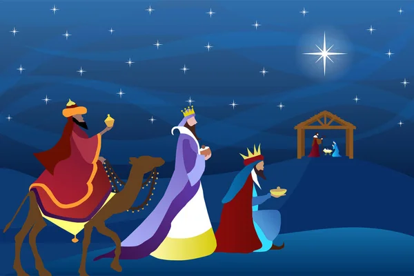 Karácsonyi Betlehem Három Bölcs Ember Imádata Üdvözlőlap Banner Háttér — Stock Vector