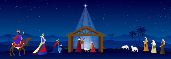 クリスマス ネイティヴ シーン 3人の賢者と羊飼いの崇拝 グリーティングカードバナー背景 — ストックベクタ