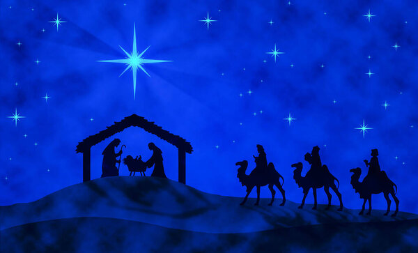 Blue Christmas nativity scene: Three Wise Men go to the manger in the desert.