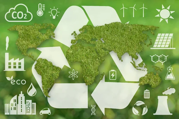 Mapa Mundo Texturizado Grama Verde Grande Símbolo Reciclagem Branco Outros — Fotografia de Stock
