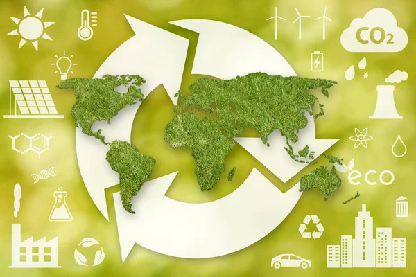 Zelená Tráva Texturovaná Mapa Světa Velký Bílý Recyklační Symbol Další — Stock fotografie