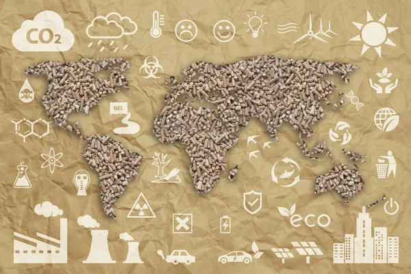 Концепція Екології Стійкий Світ Дерев Яні Гранули Текстуровані Світова Карта — стокове фото