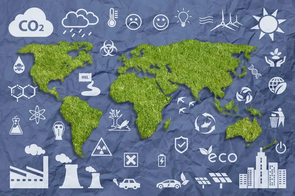 Ekologi Koncept Hållbar Värld Grön Gräs Strukturerad Världskarta Ovanför Brun — Stockfoto