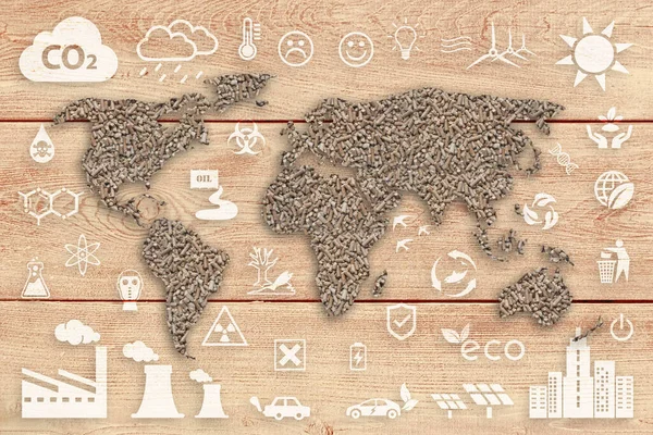 Ekologi Koncept Hållbar Värld Trä Pellets Texturerad Världskarta Ovanför Brun — Stockfoto