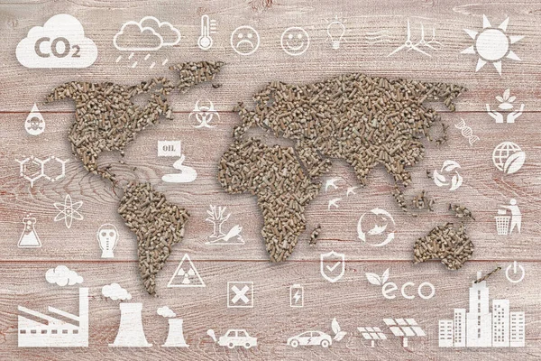 Ekologický Koncept Udržitelný Svět Dřevěné Pelety Texturou Světová Mapa Nad — Stock fotografie