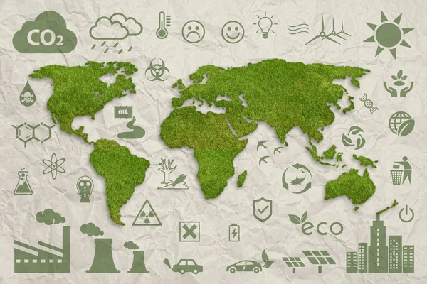 Concetto Ecologico Mondo Sostenibile Erba Verde Strutturata Mappa Del Mondo — Foto Stock