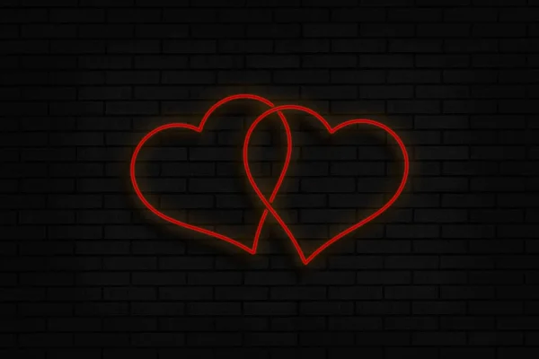 glowing red neon hearts on black brick wall background