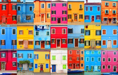 Burano evlerinden yapılmış renkli kolaj, Venedik, İtalya